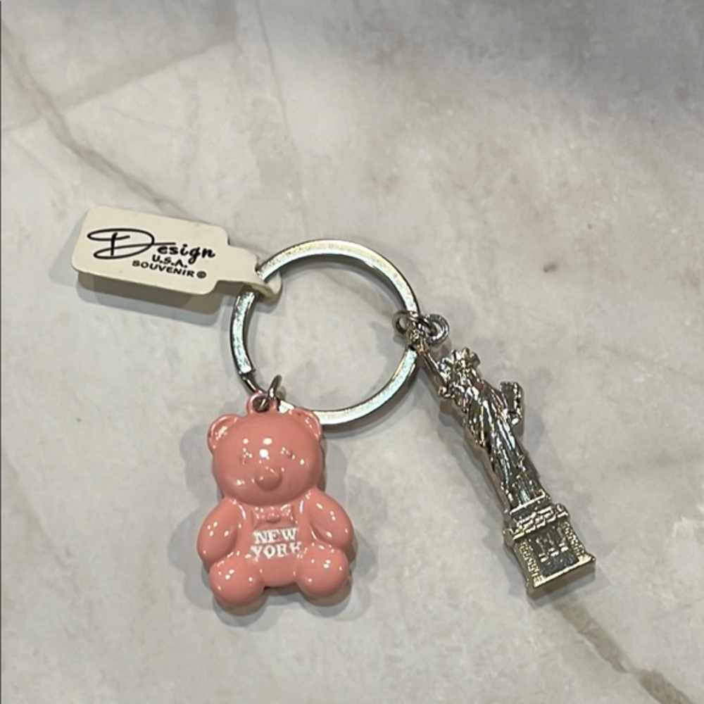 Pink Bear and Statue  of Liberty NYC Keychain